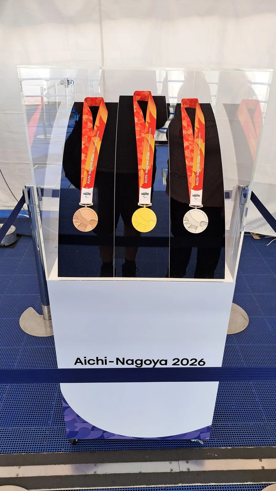 운동복 차림의 한국 패러 선수단이 태극기를 배경으로 단체 사진을 찍기 위해 휠체어와 의족을 갖추고 모여 선 모습